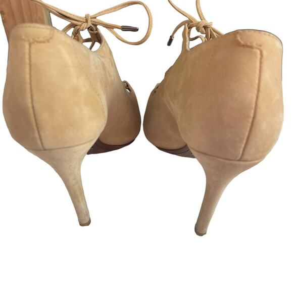 Schutz Women's Tan Nubuck Leather Lace Up Peep Toe Stiletto Bootie Shoes Size 7 - Picture 5 of 10